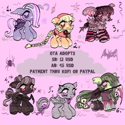 Size: 1200x1200 | Tagged: safe, artist:larvaecandy, oc, oc only, bat, bat pony, butterfly, butterfly pony, earth pony, gargoyle, hybrid, monster pony, original species, pony, spider, spiderpony, :3, :<, adoptable, bald, bat nose, bat pony oc, beanbrows, big ears, big eyes, blonde mane, blonde tail, blood, blushing, body freckles, bow, braid, braided ponytail, braided tail, brown coat, brown eyes, brown mane, brown tail, cape, chibi, clothes, coat markings, colored eartips, colored eyebrows, colored hooves, colored muzzle, colored pinnae, colored wings, cross, cross necklace, dress, ear fluff, ear piercing, earring, earth pony oc, emanata, eye clipping through hair, eyebrows, eyebrows visible through hair, eyeshadow, facial markings, fangs, fishnet clothing, floppy ears, folded wings, freckles, frown, gargoyle pony, gray coat, gray tail, green coat, green mane, green tail, group, hair bun, hair over one eye, hairclip, hood, hoodie, jewelry, leg fluff, leg freckles, leg warmers, leonine tail, lidded eyes, lipstick, long mane, long tail, makeup, mint coat, mouth hold, multicolored wings, multiple eyes, multiple legs, multiple limbs, neck bow, necklace, orange coat, piercing, pink background, pink eyes, ponytail, purple coat, purple eyes, red eyes, red sclera, scythe, sextet, shiny mane, shiny tail, shoes, short mane, simple background, skirt, skull earrings, smiling, sparkly wings, spider legs, standing, straight mane, straight tail, tail, tail bow, tail bun, text, tied mane, tied tail, torn ear, two toned mane, two toned tail, two toned wings, wall of tags, watermark, wingding eyes, wings