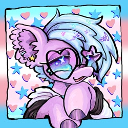 Size: 1200x1200 | Tagged: safe, artist:larvaecandy, oc, oc only, unnamed oc, earth pony, pony, :3, blue mane, clothes, colored hooves, colored pinnae, commission, ear fluff, ear piercing, earring, earth pony oc, eyelashes, eyeshadow, floppy ears, glasses, hoodie, hoof under chin, icon, jewelry, lavender coat, lidded eyes, looking at you, makeup, multicolored eyes, open mouth, open smile, piercing, pride, pride flag, profile picture, purple coat, raised hooves, shiny hooves, shiny mane, short mane, smiling, smiling at you, solo, starry eyes, transgender, transgender pride flag, wingding eyes, zoom layer