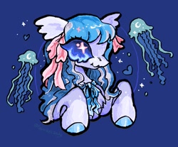 Size: 903x748 | Tagged: oc name needed, safe, artist:larvaecandy, oc, oc only, earth pony, jellyfish, pony, ambiguous gender, blue background, blue eyes, bow, coat markings, colored hooves, colored muzzle, commission, curly mane, ear fluff, earth pony oc, eye clipping through hair, eyelashes, floating heart, floppy ears, hair bow, hair ribbon, heart, lavender coat, long mane, ms paint, profile, purple coat, raised hooves, ribbon, shiny hooves, shiny mane, shiny tail, signature, simple background, smiling, socks (coat markings), solo, sparkles, sparkly eyes, two toned mane, wavy mouth, wingding eyes