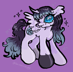 Size: 686x677 | Tagged: oc name needed, safe, artist:larvaecandy, oc, oc only, alicorn, pony, :3, alicorn oc, ambiguous gender, blushing, coat markings, commission, curved horn, ear fluff, eye clipping through hair, horn, lavender coat, long mane, long tail, profile, purple background, purple coat, shiny eyes, shiny mane, shiny tail, signature, simple background, smiling, socks (coat markings), solo, sparkles, spread wings, standing, tail, teal eyes, teal sclera, two toned mane, two toned tail, wingding eyes, wings