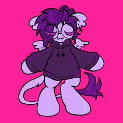Size: 800x800 | Tagged: safe, artist:larvaecandy, oc, oc only, oc:vylet, pegasus, pony, :3, animated, bipedal, clothes, cross earring, dancing, ear fluff, ear piercing, earring, eye clipping through hair, eyes closed, floppy ears, gif, glasses, hair bun, hoodie, jewelry, lavender coat, leonine tail, loop, pegasus oc, piercing, pink background, purple coat, purple mane, purple tail, round glasses, shiny mane, shiny tail, simple background, small wings, smiling, solo, spread wings, standing on two hooves, tail, tail fluff, tied mane, underhoof, wings