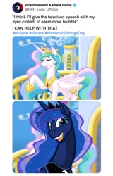 Size: 720x1128 | Tagged: safe, artist:texasuberalles, princess celestia, princess luna, alicorn, pony, g4, 2024 solar eclipse, duo, eclipse, eyes closed, female, grin, jewelry, looking at you, mare, meta, regalia, siblings, sisters, smiling, twitter