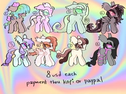 Size: 1200x900 | Tagged: safe, artist:larvaecandy, oc, oc only, unnamed oc, bat pony, earth pony, pegasus, pony, unicorn, abstract background, adoptable, ambiguous gender, bandaid, bandaid on nose, bat pony oc, big eyes, blonde mane, blonde tail, blue coat, bow, brown coat, brown mane, brown tail, butt fluff, chest fluff, chibi, coat markings, colored eartips, colored eyelashes, colored muzzle, colored wings, colored wingtips, cream coat, curly mane, curly tail, curved horn, ear fluff, ear piercing, earring, earth pony oc, eye clipping through hair, eyebrows, eyebrows visible through hair, eyelashes, facial markings, fetlock tuft, floppy ears, folded wings, gauges, gradient mane, gradient tail, gray coat, gray mane, gray tail, green coat, green eyes, green mane, green sclera, green tail, group, hair bow, horn, jewelry, lidded eyes, long mane, long tail, mint coat, neck bow, no mouth, not octavia, octet, orange mane, orange tail, partially open wings, pegasus oc, piercing, pink coat, pink eyes, pink sclera, pony oc, ponytail, purple mane, purple tail, ribbon, small wings, socks (coat markings), sparkly eyes, sparkly mane, sparkly tail, standing, star (coat marking), swirly eyes, tail, tail bow, tan coat, text, tied mane, tied tail, two toned eyes, two toned wings, unicorn oc, wall of tags, wingding eyes, wings