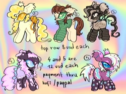 Size: 4000x3000 | Tagged: safe, artist:larvaecandy, oc, oc only, unnamed oc, earth pony, pegasus, pony, abstract background, adoptable, big ears, big eyes, blaze (coat marking), blonde mane, blonde tail, blue eyes, bow, brown coat, brown eyes, brown mane, brown tail, chest fluff, clothes, coat markings, colored eartips, colored muzzle, colored nose, colored sclera, cream coat, curly mane, curly tail, dress, ear fluff, ear piercing, ear tufts, earring, earth pony oc, eye clipping through hair, eyelashes, eyeshadow, facial markings, floppy ears, folded wings, gauges, green eyes, group, high res, industrial piercing, jewelry, leg warmers, lidded eyes, long mane, long tail, makeup, multicolored mane, multicolored tail, neck bow, neck ribbon, no mouth, pegasus oc, piercing, ponytail, profile, purple coat, purple mane, purple tail, sextet, spiky mane, spiky tail, splotches, spots, spotted, standing, striped leg warmers, sweater, tail, tail bow, tied mane, turtleneck, turtleneck sweater, two toned mane, two toned tail, unusual pupils, wall of tags, wings, yellow coat, yellow eyes, yellow mane, yellow sclera, yellow tail