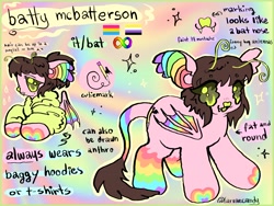 Size: 4000x3000 | Tagged: safe, artist:larvaecandy, oc, oc only, oc:batty mcbatterson, bat pony, :3, abstract background, antennae, autism spectrum disorder, bat nose, bat pony oc, beanbrows, big ears, big eyes, brown mane, brown tail, chubby, coat markings, colored eyebrows, colored mouth, colored nose, colored pinnae, colored wings, duality, ear fluff, ear tufts, eye clipping through hair, eyebrows, eyebrows visible through hair, eyestrain warning, facial hair, fangs, floppy ears, folded wings, green eyes, high res, leonine tail, lime eyes, multicolored wings, nonbinary, nonbinary pride flag, open mouth, open smile, pansexual pride flag, partially open wings, pink coat, ponytail, pride, pride flag, profile, pronouns, rainbow background, raised hoof, reference sheet, referene sheet, signature, smiling, socks (coat markings), solo, sparkles, standing, tail, text, tied mane, wingding eyes, wings