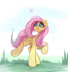 Size: 3906x4096 | Tagged: safe, artist:jfrxd, fluttershy, butterfly, pegasus, pony, g4, female, folded wings, grass, long legs, looking at something, looking up, mare, open mouth, raised hoof, raised leg, solo, standing on two hooves, wings