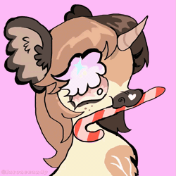 Size: 1278x1280 | Tagged: safe, artist:larvaecandy, oc, oc only, oc:toffee, pony, unicorn, animated, big ears, bust, candy, candy cane, chest fluff, chewing, colored ears, colored horn, colored muzzle, colored pinnae, commission, cream coat, curved horn, ear fluff, eating, eye clipping through hair, facial markings, floppy ears, food, freckles, gif, horn, long mane, pink background, ponified, ponified oc, shiny mane, signature, simple background, solo, sparkly eyes, striped horn, two toned eyes, two toned mane, unicorn oc, wingding eyes, ych result