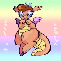 Size: 1440x1440 | Tagged: safe, artist:larvaecandy, whimsey weatherbe, dragon, g3, g3.5, beanbrows, blush scribble, blushing, bow, brown hair, colored belly, colored claws, colored eyebrows, colored wings, eyebrows, female, flying, gradient background, hair bow, pale belly, raised arms, short hair, small wings, solo, sparkles, spikes, spread wings, text, whimseydorable, white text, wings