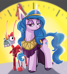 Size: 2200x2400 | Tagged: safe, artist:rocket-lawnchair, izzy moonbow, señor butterscotch, pony, unicorn, g5, clock, clothes, cosplay, costume, crossover, female, high res, horn, lidded eyes, looking at you, mare, ozymandias, watchmen