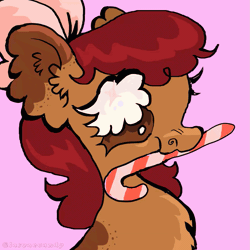 Size: 1278x1280 | Tagged: safe, artist:larvaecandy, oc, oc only, oc:strawberry strudel doodle, earth pony, animated, big ears, big eyes, bow, brown coat, brown eyes, candy, candy cane, chest fluff, chewing, colored eartips, commission, curly mane, earth pony oc, eating, eye clipping through hair, eyelashes, floppy ears, food, gif, hair bow, long mane, pink background, profile, red mane, shiny mane, signature, simple background, solo, wingding eyes, ych result