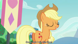 Size: 1280x720 | Tagged: safe, edit, edited screencap, editor:jaredking779, screencap, applejack, earth pony, pony, g4, my little pony: friendship is magic, season 5, the mane attraction, applejack is best facemaker, butt, caption, cowboy hat, eyes closed, female, freckles, grin, hat, mare, plot, smiling, solo, stetson, text