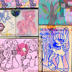 Size: 1280x1280 | Tagged: safe, artist:larvaecandy, maud pie, minty, queen chrysalis, twilight sparkle, changeling, changeling queen, earth pony, pony, unicorn, pony town, g3, g4, big eyes, black coat, collage, colored hooves, colored pencil drawing, colored sclera, crying, ear fluff, eye clipping through hair, fangs, floppy ears, frown, green eyes, green mane, green sclera, group, horn, long legs, looking at you, marker drawing, mixed media, mouth hold, multicolored mane, multicolored tail, narrowed eyes, nonbinary pride flag, open mouth, open smile, passepartout, pen drawing, pincers, pride, pride flag, pride socks, profile, scan, shiny mane, sitting, smiling, sparkly eyes, sticker, straight mane, straight tail, tail, text, traditional art, unicorn twilight, unshorn fetlocks, wingding eyes