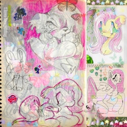 Size: 1200x1200 | Tagged: safe, artist:larvaecandy, fluttershy, bat pony, pony, rabbit, g4, alternate eye color, animal, apple, bat ponified, big eyes, chest fluff, collage, colored nose, colored pencil drawing, colored pinnae, ear fluff, fangs, female, floppy ears, flutterbat, food, frown, green eyes, group, heart nose, hoof hold, long legs, long mane, long tail, mare, marker drawing, mixed media, narrowed eyes, pen drawing, pencil drawing, pink mane, pink tail, race swap, smiling, standing, sticker, tail, traditional art, wingding eyes, yellow coat