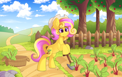 Size: 7546x4755 | Tagged: safe, artist:madelinne, oc, oc only, earth pony, pony, apple, apple tree, bush, cloud, colored, earth pony oc, farm, farming, female, fence, hat, hoof hold, mare, not applejack, not fluttershy, not li'l cheese, not pinkie pie, outdoors, round belly, shovel, solo, tree