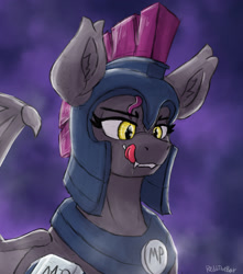 Size: 1876x2120 | Tagged: safe, artist:reddthebat, oc, oc only, oc:selena (reddthebat), bat pony, pony, abstract background, armor, bat pony oc, bust, fangs, female, freckles, guard armor, guardsmare, helmet, kitchen eyes, licking, licking lips, lidded eyes, mare, night guard, royal guard, signature, solo, sternocleidomastoid, tongue out