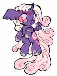 Size: 2576x3432 | Tagged: oc name needed, safe, artist:larvaecandy, oc, oc only, alicorn, pony, :<, alicorn oc, ambiguous gender, big ears, big eyes, bracelet, chibi, colored, commission, curly mane, curly tail, curved horn, ear fluff, flat colors, floppy ears, flying, gradient mane, gradient tail, headpiece, high res, hoof shoes, horn, jewelry, long mane, long tail, open mouth, pink eyes, pink sclera, princess shoes, purple coat, purple mane, purple tail, regalia, simple background, small wings, solo, tail, white background, wings