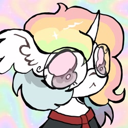 Size: 2860x2860 | Tagged: oc name needed, safe, artist:larvaecandy, oc, oc only, pony, unicorn, :<, abstract background, ambiguous gender, big ears, big eyes, brown eyes, bust, clothes, commission, curved horn, ear fluff, eye clipping through hair, eyelashes, floppy ears, glasses, high res, horn, icon, multicolored hair, profile picture, rainbow background, rainbow hair, round glasses, shiny mane, shirt, solo, unicorn oc, white coat, wingding eyes