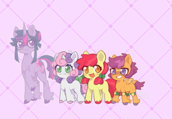 Size: 2469x1701 | Tagged: safe, artist:paichitaron, apple bloom, scootaloo, sweetie belle, twilight sparkle, earth pony, pegasus, pony, unicorn, g4, adorabloom, bandaid, bandaid on nose, bow, cute, cutealoo, cutie mark crusaders, diasweetes, female, filly, foal, freckles, glasses, grin, high res, horn, knee pads, mare, open mouth, open smile, patterned background, pigtails, purple background, redesign, round glasses, simple background, smiling, tail, tail bow, tail feathers, twintails, unicorn twilight, unshorn fetlocks
