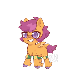 Size: 1097x1106 | Tagged: safe, artist:paichitaron, scootaloo, pegasus, pony, g4, bandaid, bandaid on nose, blushing, cute, cutealoo, daaaaaaaaaaaw, female, filly, foal, grin, hnnng, knee pads, rebellious, redesign, simple background, smiling, solo, tail, tail feathers, tomboy, transparent background, unshorn fetlocks