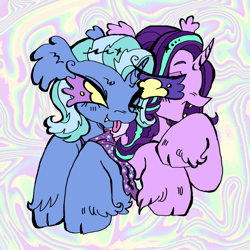Size: 2048x2048 | Tagged: safe, artist:larvaecandy, starlight glimmer, trixie, pony, unicorn, g4, :p, abstract background, alternate eye color, big eyes, blue coat, blue mane, cape, clothes, cloven hooves, colored, colored eyebrows, colored sclera, curved horn, duo, duo female, ear fluff, eye clipping through hair, eyebrows, fangs, female, flat colors, floppy ears, high res, horn, lesbian, lidded eyes, looking at each other, looking at someone, mare, open mouth, open smile, pink coat, profile, purple sclera, raised eyebrow, raised hoof, ship:startrix, shipping, smiling, smiling at each other, tongue out, trixie's cape, two toned mane, unshorn fetlocks, yellow eyes