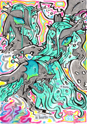 Size: 2048x2909 | Tagged: safe, artist:larvaecandy, queen chrysalis, changeling, changeling queen, pony, g4, abstract background, black coat, carapace, chest fluff, colored tongue, crown, crying, ear fluff, eyestrain warning, fangs, female, floppy ears, high res, insect wings, jewelry, long mane, mare, marker drawing, open mouth, pincers, profile, regalia, self paradox, self ponidox, sharp teeth, shrunken pupils, spread wings, straight mane, teal eyes, teal mane, teardrop, teeth, text, tiara, traditional art, transparent wings, trio, trio female, wings, zine
