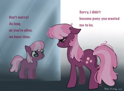 Size: 1440x1058 | Tagged: safe, artist:petaltwinkle, cheerilee, earth pony, pony, g4, cheeribetes, curly mane, curly tail, cute, dialogue, duality, duo, duo female, female, filly, filly cheerilee, foal, frown, gradient background, grammar error, green eyes, lidded eyes, long mane, long tail, makeup, mare, messy mane, messy tail, midlife crisis, mirror, motivational, open mouth, open smile, pink mane, pink tail, profile, purple coat, purple text, redraw, reflection, running makeup, sad, sad eyes, sadorable, self paradox, self ponidox, signature, smiling, sparkly eyes, standing, tail, talking, talking to herself, tear streaks, text, two toned mane, two toned tail, wingding eyes