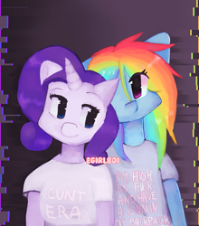 Size: 1649x1874 | Tagged: safe, artist:egirlboi, rainbow dash, rarity, anthro, g4, clothes, duo, female, lesbian, matching outfits, ship:raridash, shipping, shirt, t-shirt