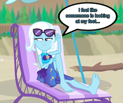 Size: 862x720 | Tagged: safe, artist:paco777yuyu, trixie, equestria girls, equestria girls series, forgotten friendship, g4, barefoot, beach, beach chair, chair, feet, feet up, female, fetish, foot fetish, foot focus, great and powerful, soles, solo, sunglasses, suspicious, wondering