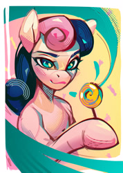 Size: 2135x3000 | Tagged: safe, artist:annna markarova, bon bon, sweetie drops, earth pony, pony, g4, candy, female, food, lollipop, looking at you, mare, simple background, sketch, smiling, solo