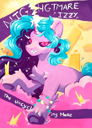 Size: 3071x4252 | Tagged: safe, artist:cutepencilcase, izzy moonbow, pony, unicorn, g5, bracelet, evil smile, gouache, grin, horn, jewelry, nightmare moonbow, nightmarified, sharp teeth, slit pupils, smiling, solo, teeth, traditional art
