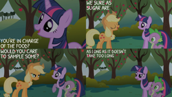 Size: 2000x1125 | Tagged: safe, edit, edited screencap, editor:quoterific, screencap, applejack, spike, twilight sparkle, dragon, earth pony, pony, unicorn, friendship is magic, g4, my little pony: friendship is magic, season 1, apple, apple tree, female, horn, male, mare, tree, trio, unicorn twilight