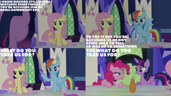 Size: 2000x1125 | Tagged: safe, edit, edited screencap, editor:quoterific, screencap, fluttershy, pinkie pie, rainbow dash, twilight sparkle, alicorn, g4, what about discord?, cutie map, twilight sparkle (alicorn), twilight's castle
