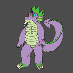 Size: 2000x2000 | Tagged: safe, artist:drago31, discord, spike, thorax, changeling, draconequus, dragon, hybrid, g4, alternate design, beard, digital art, facial hair, featureless crotch, fusion, gray background, horn, moobs, older, older spike, scar, simple background, solo, wingless, wingless spike
