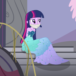 Size: 2000x2000 | Tagged: safe, artist:nie-martw-sie-o-mnie, twilight sparkle, human, canterlot boutique, equestria girls, g4, arm behind back, bare shoulders, bondage, bound and gagged, cloth gag, clothes, dress, female, gag, princess dress, sitting, solo, stairs