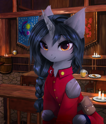 Size: 3802x4416 | Tagged: safe, artist:empress-twilight, oc, oc only, oc:akey, pony, unicorn, barrel, candle, chair, female, flag of equestria, guardsmare, horn, indoors, looking at you, mare, royal guard, smiling, smiling at you, solo, table, unicorn oc