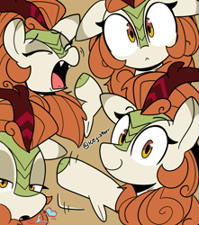 Size: 1909x2164 | Tagged: safe, artist:icey, autumn blaze, kirin, pony, g4, :<, awwtumn blaze, brown background, cloven hooves, cute, eyes closed, fangs, fire, fire breath, floating heart, floppy ears, heart, looking at you, open mouth, simple background, solo, waving, yawn