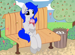 Size: 3400x2500 | Tagged: safe, artist:appleneedle, oc, oc only, oc:jc, bee, butterfly, earth pony, insect, pony, bench, cherry blossoms, cherry tree, cute, digital art, flower, nature, park, park bench, raffle prize, sitting, slushie, solo, summer, trash can, tree