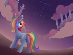 Size: 2484x1892 | Tagged: safe, artist:dusthiel, oc, oc only, oc:rainbow palette, earth pony, pony, g4, rainbow falls, :o, butt, cloud, cloudsdale, colored eartips, column, constellation, female, full body, looking in the distance, mare, multicolored hair, night, night sky, open mouth, plot, rainbow ears, rainbow eyes, rainbow hair, rainbow muzzle, rainbow tail, sky, solo, spade, standing, starry sky, stars, tail