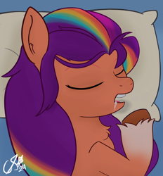 Size: 4614x4980 | Tagged: safe, artist:cobaltskies002, sunny starscout, earth pony, pony, g5, chest fluff, cute, drool, ear fluff, female, mane stripe sunny, mare, open mouth, pillow, signature, sleeping, snoring, solo, sunnybetes, unshorn fetlocks