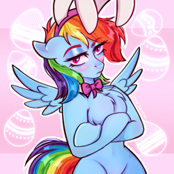 Size: 2048x2048 | Tagged: safe, artist:redjester, rainbow dash, pegasus, pony, semi-anthro, g4, belly, blushing, bowtie, bunny ears, chest fluff, crossed hooves, easter, eyeshadow, female, holiday, makeup, mare, solo, spread wings, wings