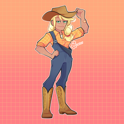 Size: 3000x3000 | Tagged: safe, artist:3ggmilky, applejack, human, g4, abstract background, applejack's hat, bandaid, boots, clothes, cowboy boots, cowboy hat, female, flannel, freckles, gradient background, hat, humanized, overalls, shirt, shoes, solo