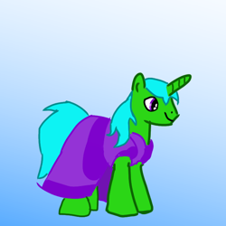 Size: 640x640 | Tagged: safe, artist:joeydr, oc, oc only, oc:green byte, pony, unicorn, clothes, crossdressing, dress, gradient background, horn, male, solo, stallion