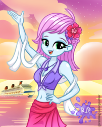 Size: 2015x2490 | Tagged: safe, artist:rjp.rammy, oc, oc:shimmy, equestria girls, g4, belly, belly button, cruise ship, eyebrows, female, jewelry, lidded eyes, midriff, necklace, ocean, slender, solo, thin, water