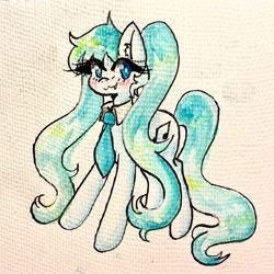 Size: 3024x3024 | Tagged: safe, artist:mylittleyuri, earth pony, pony, anime, blush lines, blushing, female, hatsune miku, high res, looking at you, mare, necktie, ponified, smiling, smiling at you, solo, traditional art, vocaloid, watercolor painting