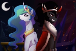 Size: 2048x1364 | Tagged: safe, artist:maren, king sombra, princess celestia, alicorn, pony, unicorn, g4, back to back, cape, clothes, crescent moon, crown, duo, duo male and female, ethereal mane, evil smile, female, folded wings, grin, horn, jewelry, male, mare, moon, night, night sky, peytral, red eyes, regalia, sitting, sky, smiling, stallion, wings, worried