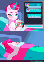 Size: 1080x1492 | Tagged: safe, artist:frank3dz, pipp petals, zipp storm, pegasus, pony, g5, 2 panel comic, bed, cellphone, comic, crystal brighthouse, eyebrows, female, foldable phone, furrowed brow, hoof hold, in bed, indoors, introversion, lidded eyes, mare, phone, relatable, sleeping, smartphone, solo, text message, texting, tired, zipp storm's bedroom
