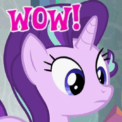 Size: 290x290 | Tagged: safe, starlight glimmer, pony, unicorn, g4, school raze, animated, gif, horn, loop, meme, solo, text, wow! glimmer