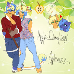 Size: 1400x1400 | Tagged: safe, artist:queenpoisonstar, applejack, princess luna, oc, oc:apple dumpling, oc:applesauce, earth pony, unicorn, anthro, unguligrade anthro, g4, cloven hooves, horn, leonine tail, lesbian, magical lesbian spawn, offspring, parent:applejack, parent:princess luna, parents:lunajack, s1 luna, scythe, ship:lunajack, shipping, tail