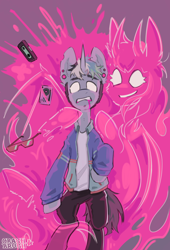 Size: 2268x3339 | Tagged: safe, artist:crashbrush, oc, demon, demon pony, pony, unicorn, blood, clothes, duo, ear piercing, high res, horn, horns, jacket, jewelry, magic, male, multicolored mane, piercing, pink blood, smiling, stallion, tricolor mane, white eyes, wings