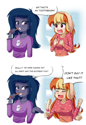 Size: 1652x2400 | Tagged: safe, artist:nok_2, artist:twilite-sparkleplz, oc, oc only, oc:mandarine mélange, oc:n0kkun, human, equestria girls, g4, bath, bathroom, breasts, clothes, collaboration, comic, cute, duo, erect nipples, female, funny, implied lesbian, minimalist, nipple outline, pajamas, simple background, toothbrush